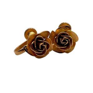 Vintage Rose Flower Shiny Gold Tone Metal Screw Back Earrings MCM Retro‎ Dainty